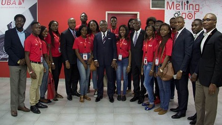 Deputy Managing Director, United Bank for Africa, Mr. Victor Osadolor (middle) Executive Director, Lagos & West, United Bank for Africa, Mr. Liadi Ayoku (Right), Executive Director/ Regional CEO, Anglophone Africa, United Bank for Africa , Mr. Oliver Alawuba (2nd Right) and Executive Director, Risk Management, United Bank for Africa Mr. Ike Uche (Left), flanked by UBA Campus Ambassadors at their Inauguration ceremony which took place at the UBA house in Lagos on Friday